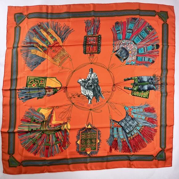 HERMES Cuirs Du Desert 100% Silk Scarf 90 by Francoise De La Perriere Vintage